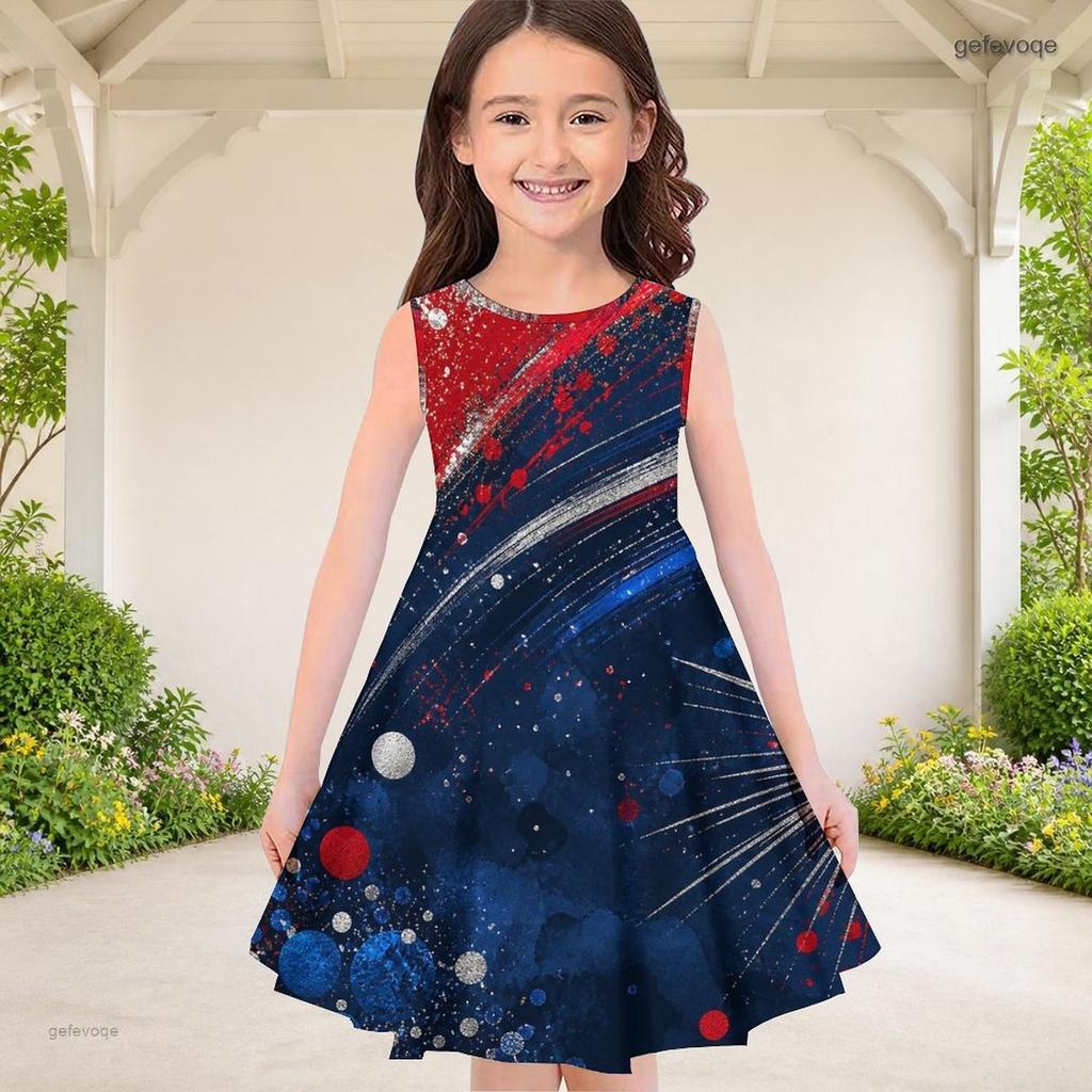 Girls Round Neck Sleeveless A Line Flared Dress Red White Blue Star Printed
