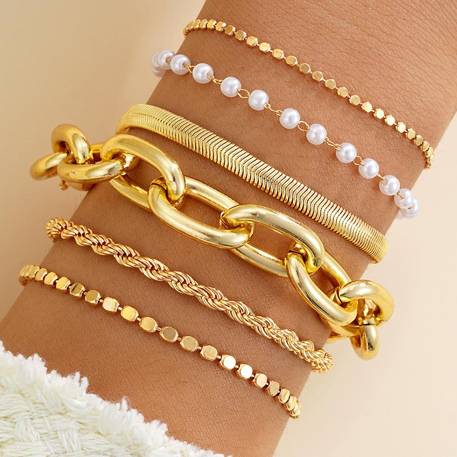 6pcs Vintage Pearl Snake Chain Bracelet Set For Women Fashion Chunky Flat Round Design Twisted Chain Bracelet Daily Wear Jewelry