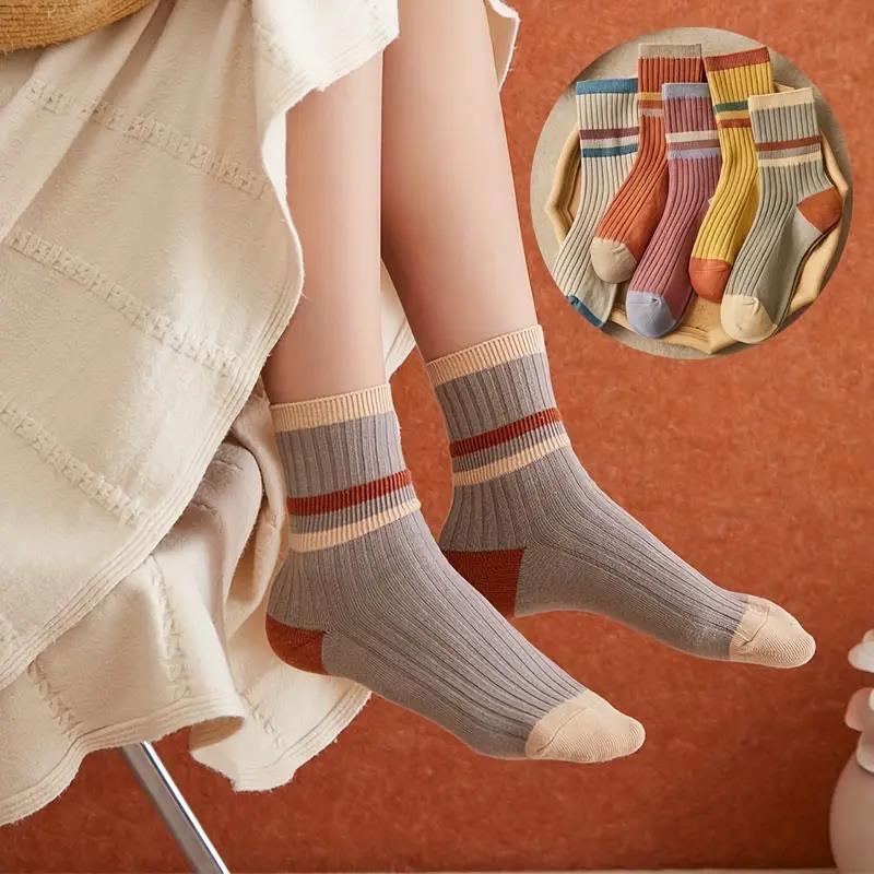 5 Pairs Striped Print Socks, Comfy & Soft Mid Tube Socks, Women's Stockings & Hosiery