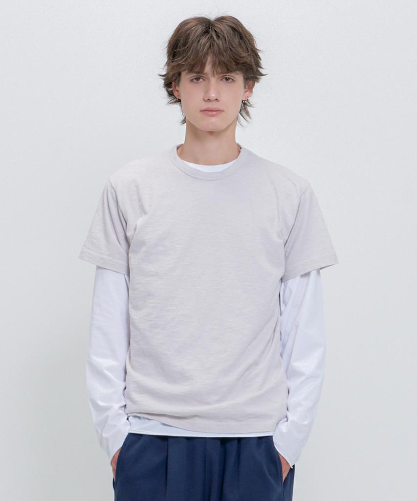 PSSHOPPER [2 Pack] Slub Short Sleeve, Cut-Out Long Sleeve Layered Set [Cocoa, White]