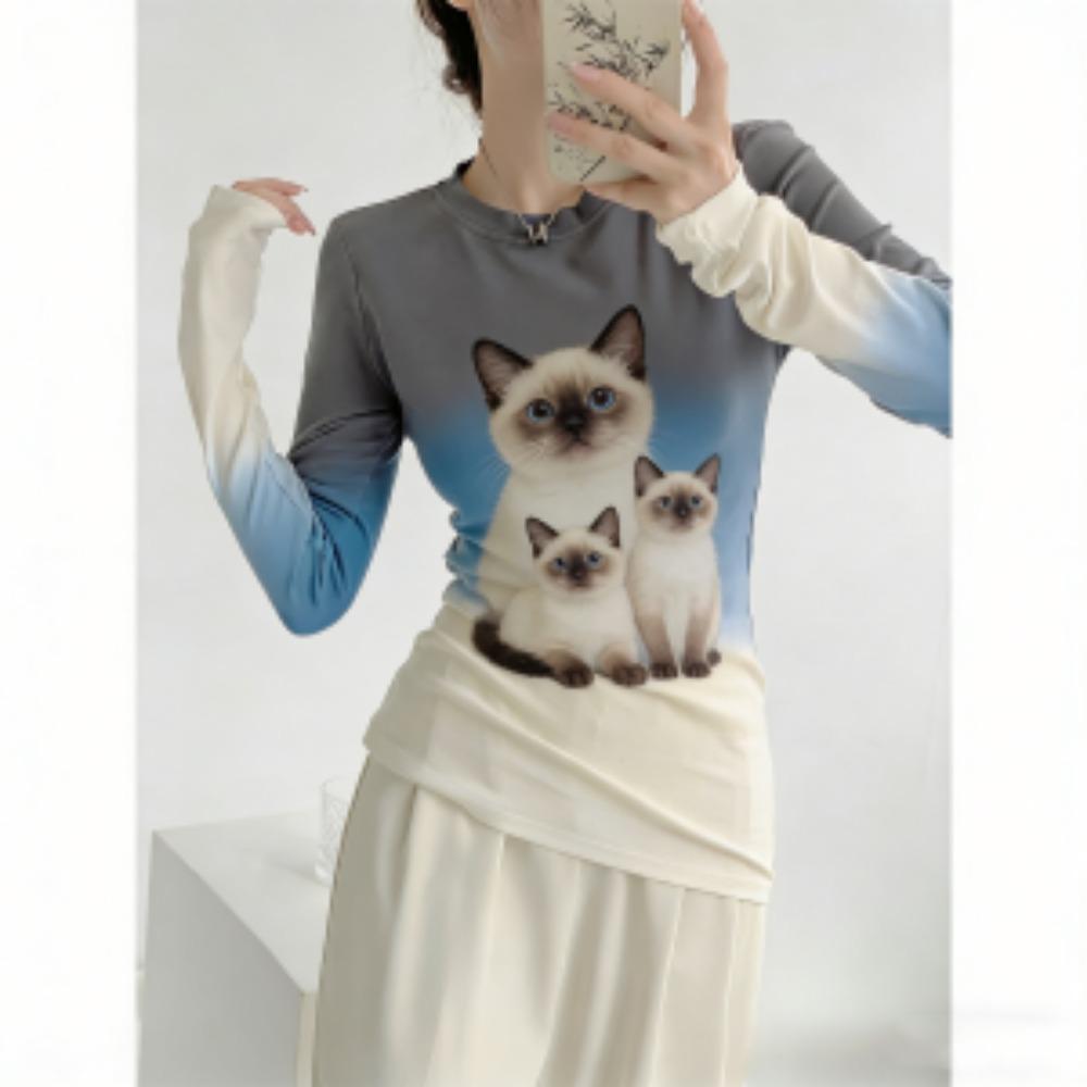 Весна Европа Америка Кот Леопардовый принт Модная женская футболка Пуловер Женская одежда с длинным рукавом Повседневные футболки для улицы Топ