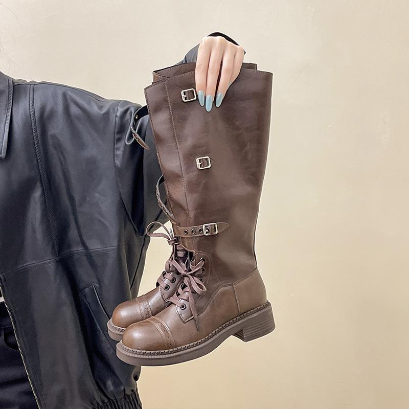 Дизайнерские локомотивные сапоги с пряжкой на ремне женские 2025 осень и зима ретро европейские и американские на толстой подошве на толстом каблуке модные сапоги на высоком каблуке