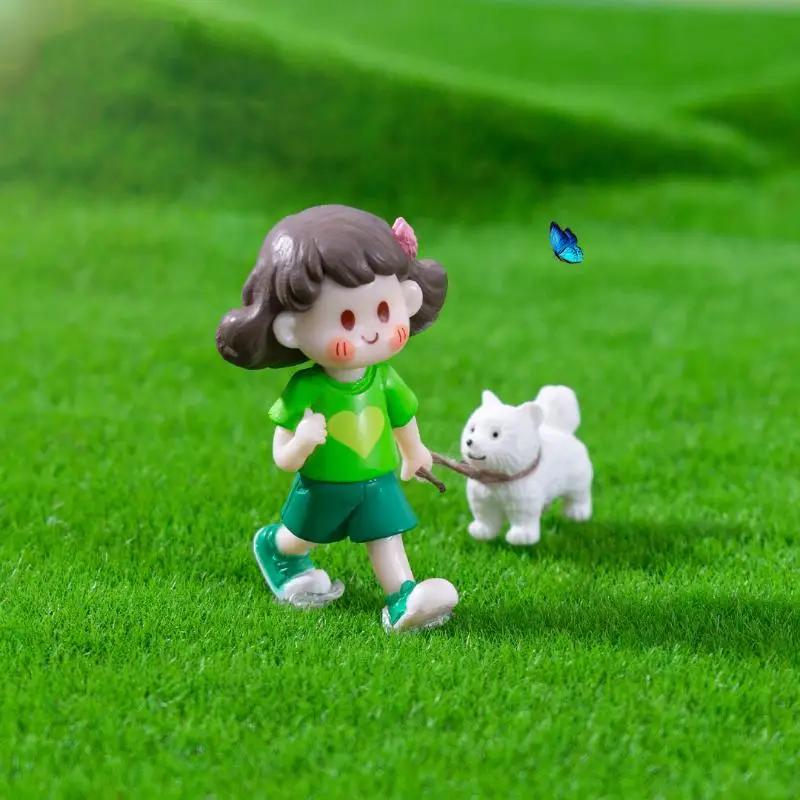 1Pc Fairy Garden Dog-Leading Girl Doll Figures Micro Landscape Valentine's Day Gift PVC Crafts Fairy Garden Decor Home Ornament