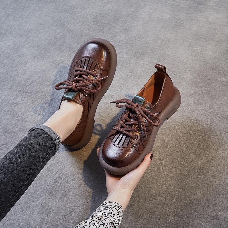 Модные винтажные коричневые туфли из коровьей кожи на плоской подошве для женщин, ажурные дышащие женские туфли, летние женские туфли, мягкие и полезные для здоровья