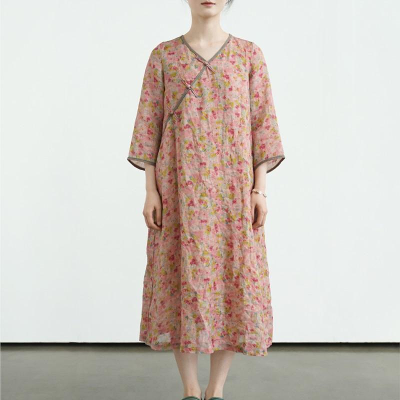 Johnature Женское винтажное платье с V-образным вырезом, принтом, цветочным узором и пуговицами, летнее платье в китайском стиле