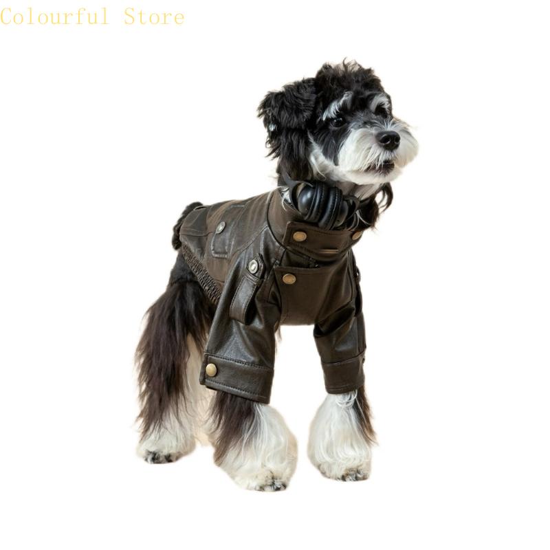 Small Dog Leather Jackets Motorcycles Styles Cyclists Coat with Metal Button Shoulder Belt Warm Fall Winter Pet Costume
