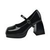 French Fashion Square Toe High Heels Women's Shoes 2023 Early Spring Platform Slotted Button Strap Thick Heel Shallow Cut Single Shoe
