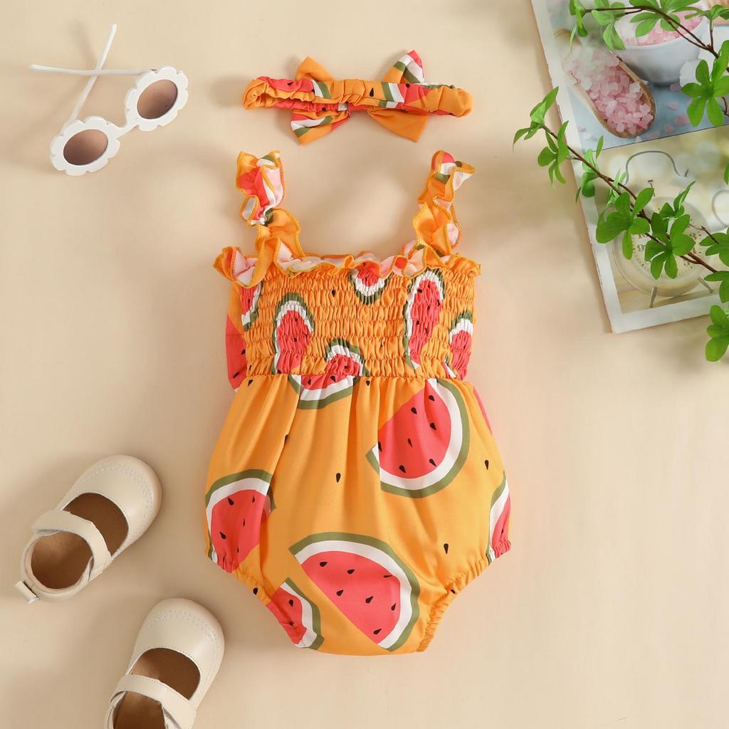 Toddler Baby Girl Jumpsuit Set Summer Ruffle Watermelon Print Bow Sleeveless Rompers and Headband