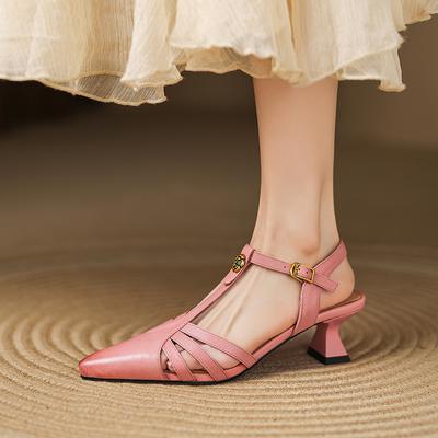 Мода 2025 Лето Сандалии из Натуральной Кожи для Женщин Закрытый Острый Носок Массивный Каблук Женские Элегантные Платье Сандалии Повседневная Женская Обувь