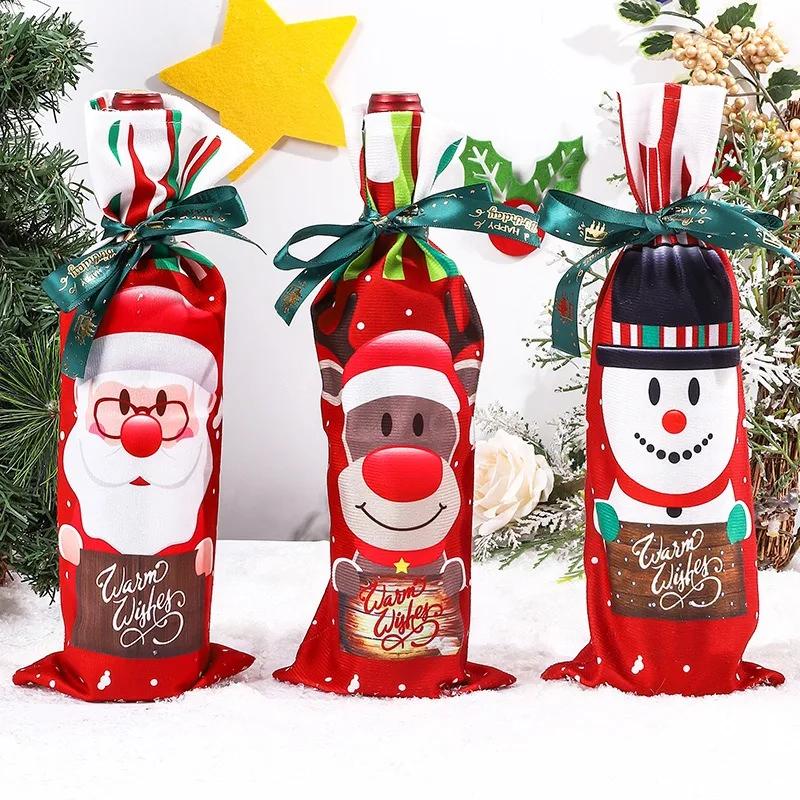 Christmas Wine Bottle Cover Set of 2 Knitted Santa Elk Snowman Cloth Bags for Red Wine Champagne Merry Christmas Happy New Year Decor