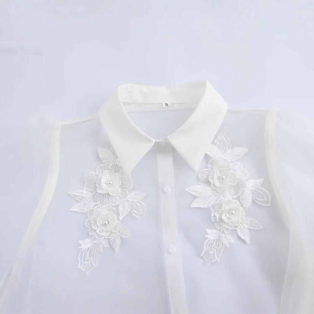 2024 Autumn Women's European-American Style Organza Flower See-Through Shirt