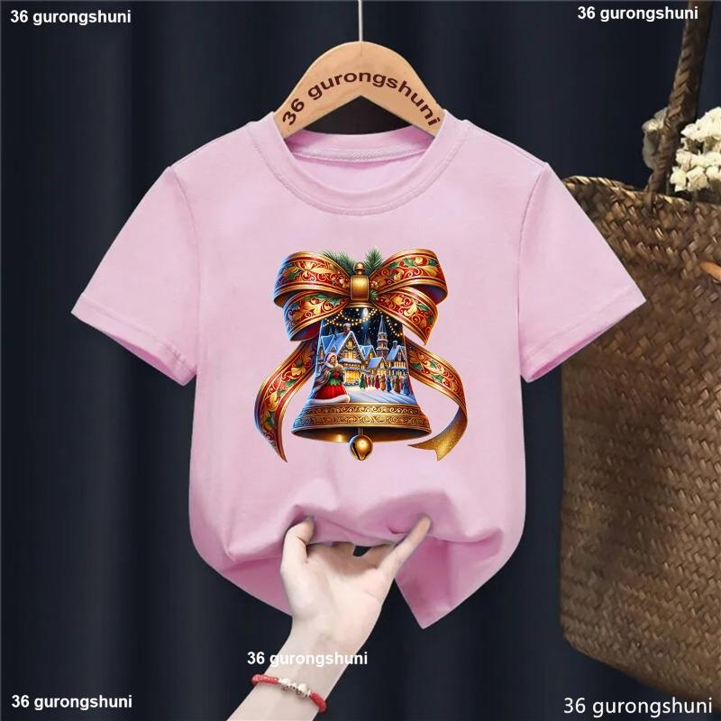Рождественский подарок Детская одежда Рождественский колокольчик Санта Клаус едет на оленях Футболка с принтом для девочек/мальчиков Забавная однотонная футболка Топы