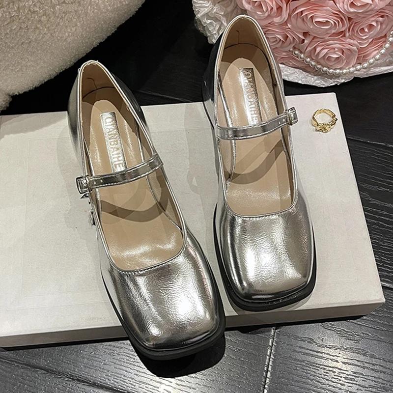 Fashion Rimocy Silver Thick Heels Mary Jane Shoes Women 2025 Buckle Strap Square Toe Pumps Woman Med Heele Patent Leather Shoes Female
