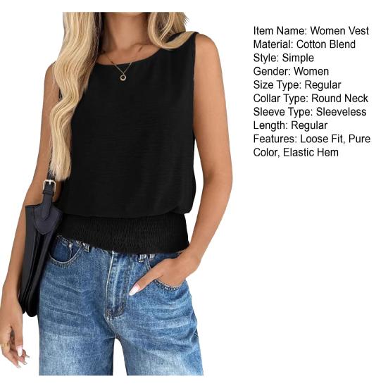 Женский жилет с круглым вырезом, без рукавов, с плиссированной отделкой по низу, мягкий, эластичный, свободного кроя, однотонный, пуловер, для вечеринки, отпуска, повседневной носки
