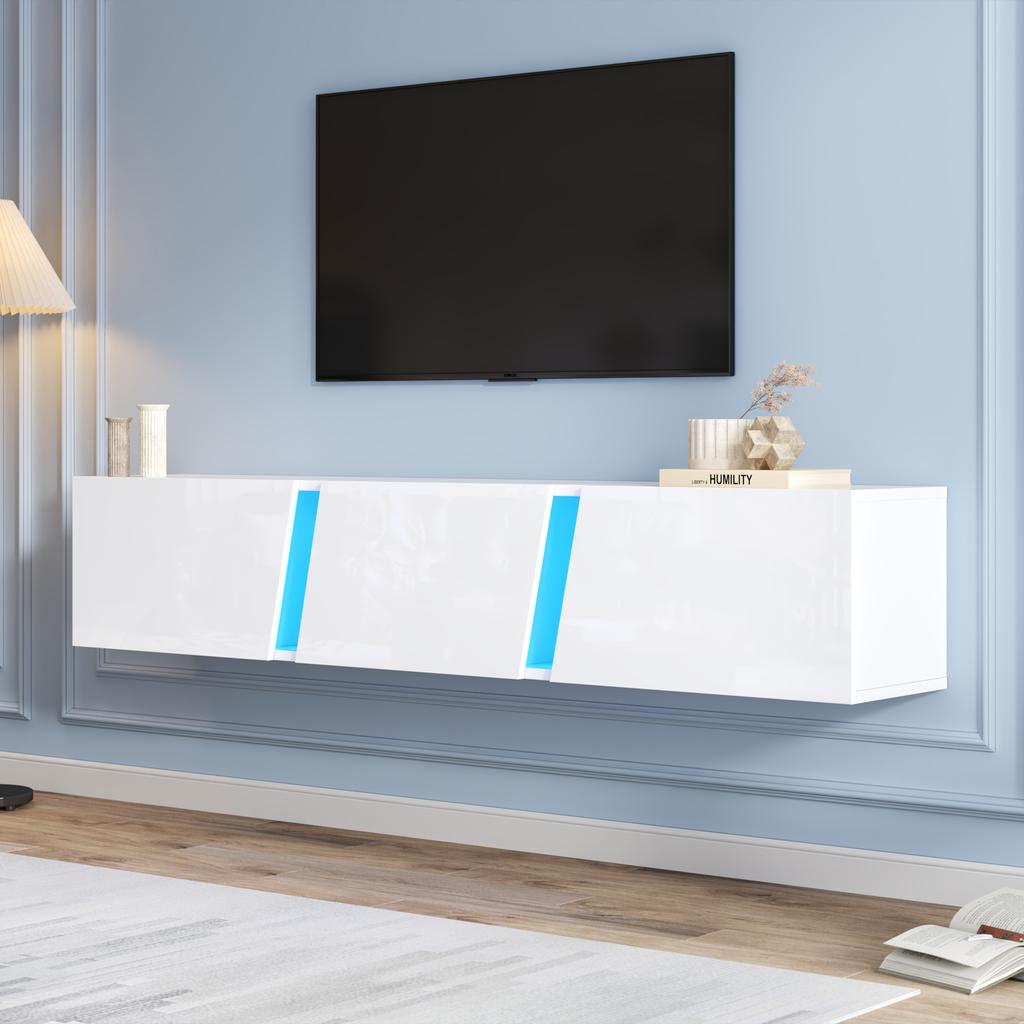 180 x 35 x 30 cm, Wall-Mounted TV Cabinet, Lowboard TV Cabinet with LED Lights, TV Stand with 3 Cabinet Doors, 75-Inch TVs, TV Unit Glossy, White