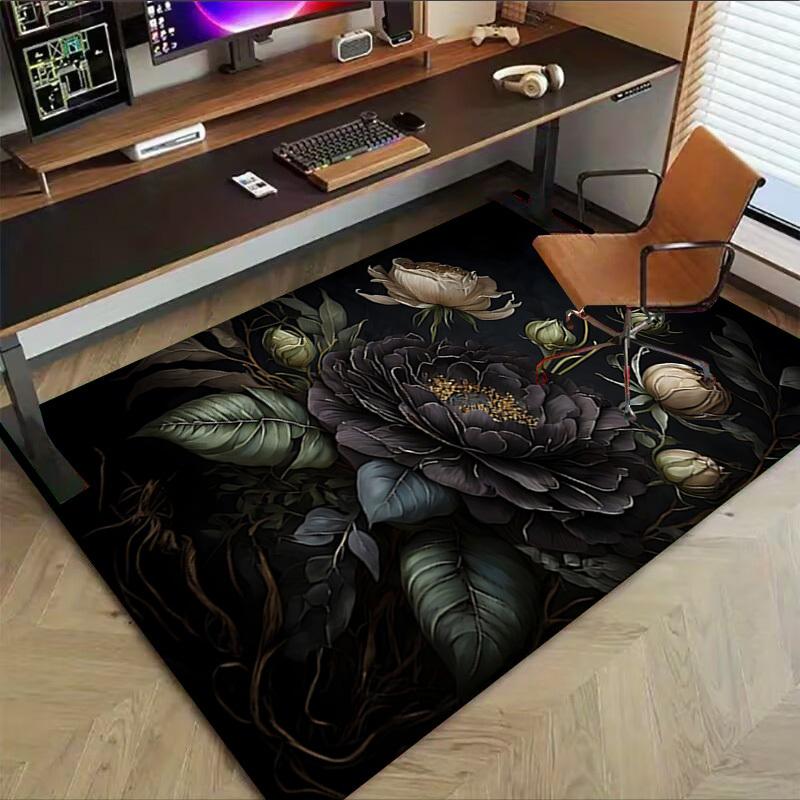 1pc Black Peony Carpet Anti Slip Polyester Floor Mat for office.Bedroom