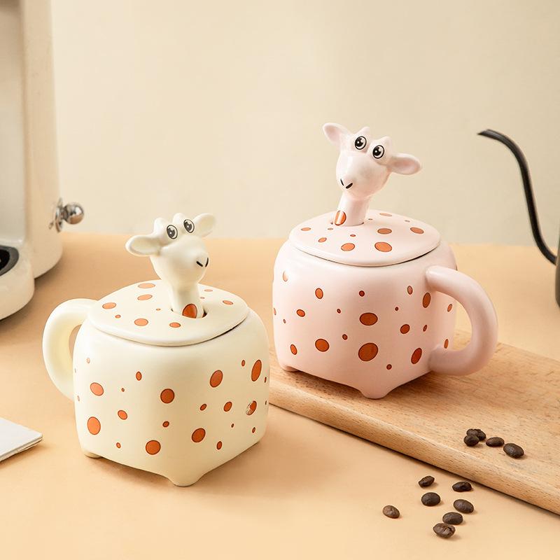 Милая чашка для девочки с крышкой и ложкой, чашка для воды, высокая керамическая чашка, подарок студенту, кружка для питьевой воды, мультяшная