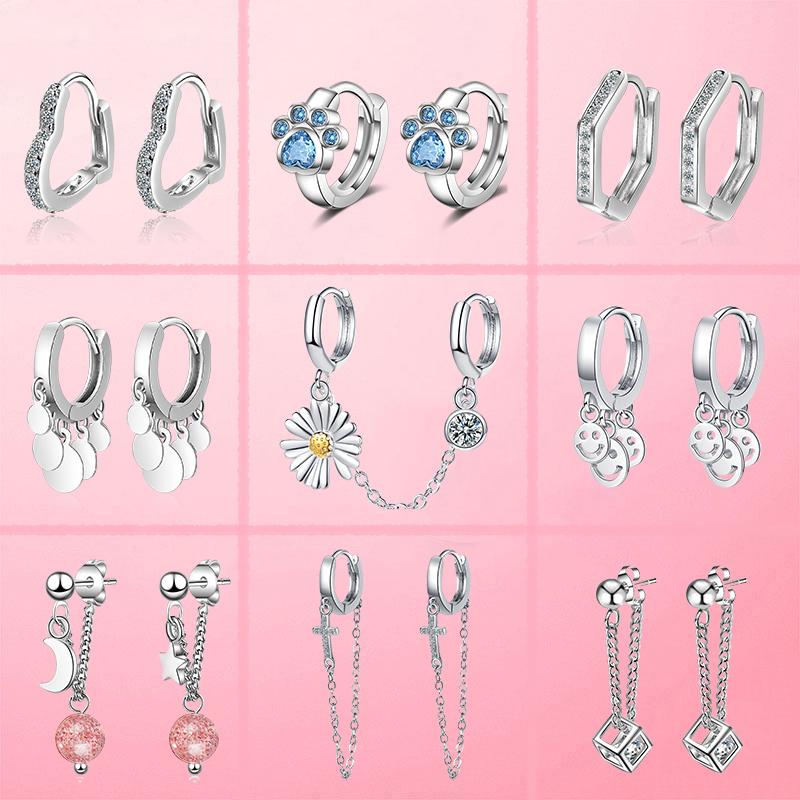 Простые серьги-кольца серебряного цвета с изображением лапы, ромашки и сердца, звезды и луны, два отверстия в ухе, серьги-кольца, цепочки для женщин, ювелирные изделия для девочек