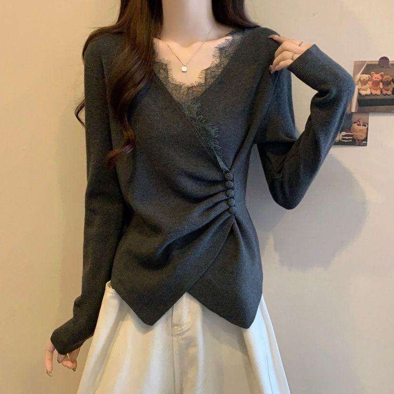 Casual T Shirt For Women With Lace Collage And Deep V Neck In Soft Fabric For Office Wear