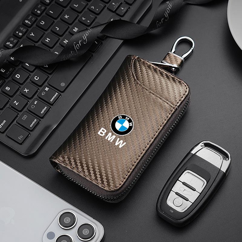BBJV7 Carbon Fiber Leather Wallet Car Remote Key Storage Zippers Bag For Bmw 50th Anniversary M E36 F20 E46 E90 E87 E34 X3 X5 X6 M2 M3