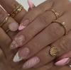 24PCS Pink Almond Press On Nails, 3D Carved Flower & Ripple French Fake Nails with Gold Pearls