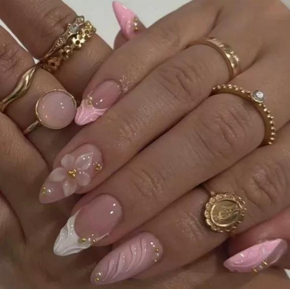 24PCS Pink Almond Press On Nails, 3D Carved Flower & Ripple French Fake Nails with Gold Pearls