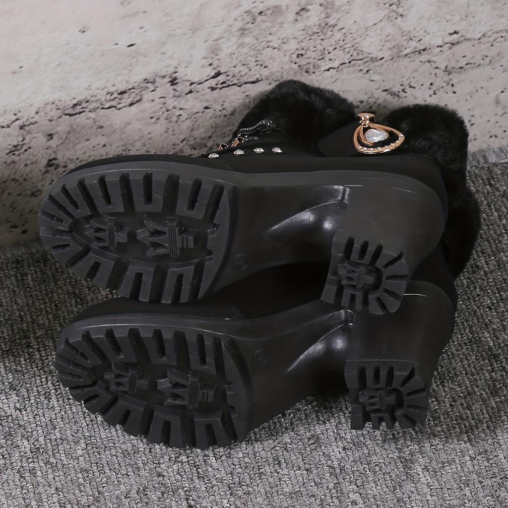 Женские ботильоны на каблуке из плюша, со стразами, с боковой молнией, термообработанные толстые каблуки, модные пушистые короткие ботинки