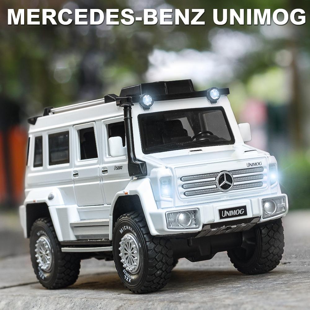 Масштаб 1/28 Unimog U5000, литая под давлением модель автомобиля, игрушечный автомобиль с откатным механизмом, звуком и светом для детей, коллекция подарков для мальчиков и девочек