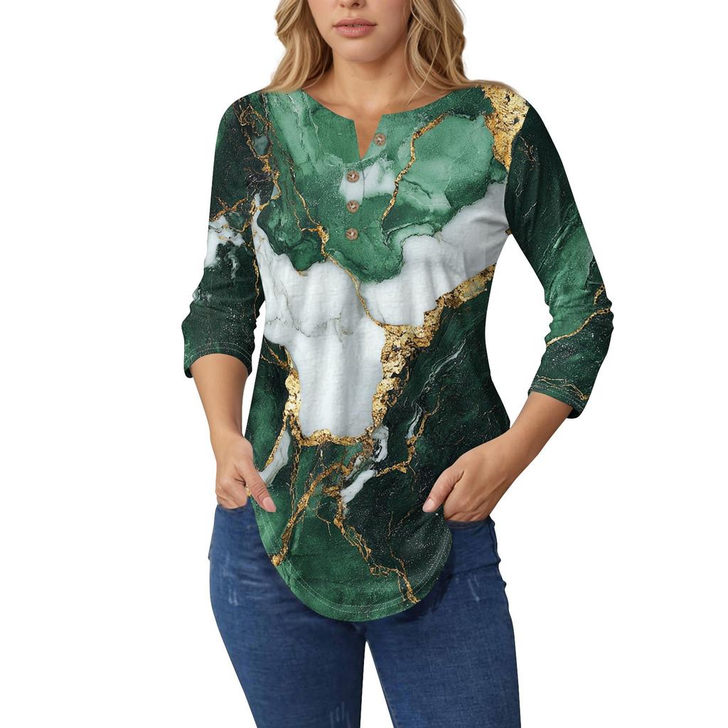 3/4 Length Sleeve Womens Tops Summer T-Shirts Floral Print V Neck Casual Basic Tee Button Shirts Tunic Tops