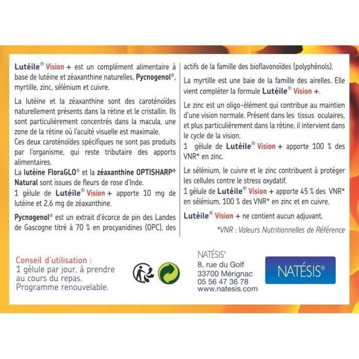 Natesis complément alimentaire lutéile vision - lutéine, pycnogenol, myrtille et zinc - 30 gélules