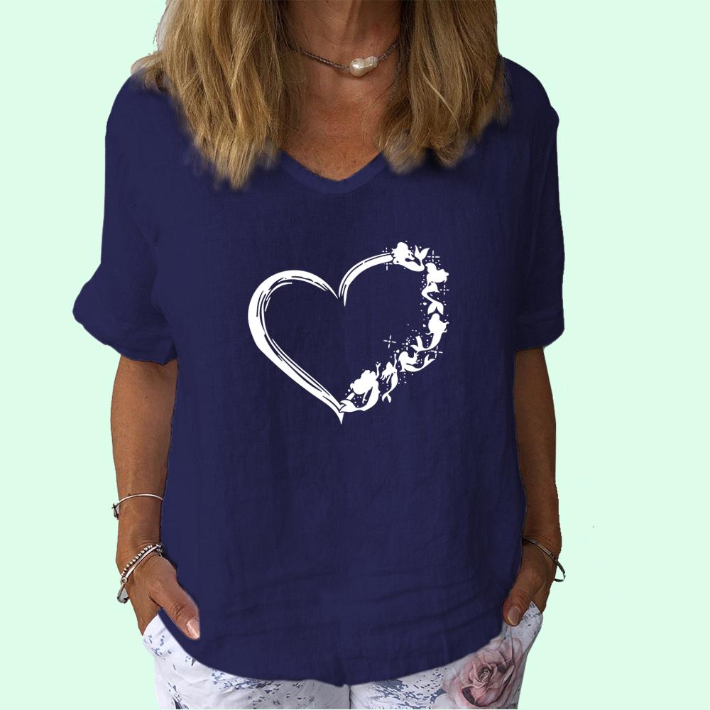 Женская модная хлопковая льняная футболка, повседневная футболка с V-образным вырезом и коротким рукавом, женская футболка с принтом