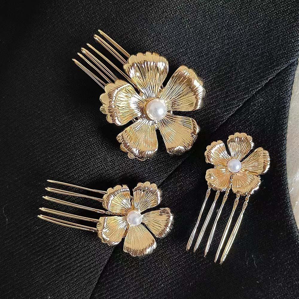 5pcs Retro Golden Flower Hair Forks Elegant Wave Zinc Zinc Alloy Barrettes Hair Clips Pearl Side Clips Bride