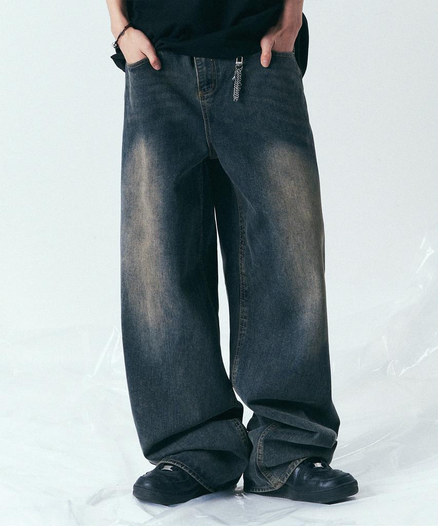 NP STUDIO Deep Oil Washed Wide Denim Pants Dark Blue