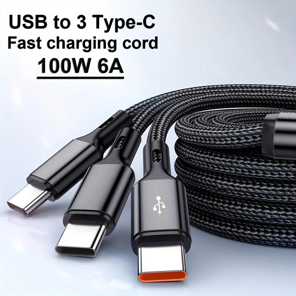 100W 3 in 1 USB to 3×Type-C Cable Phones Fast Charging Data Cable 1.2m/0.2m Extension Cord USB C PD High-Speed Data Transmission