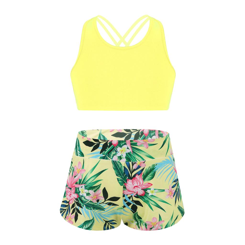 Girls 2 Piece Sport Set U Neck Spaghetti Straps Cropped Top Criss Cross Back Pink Lily Print Shorts Gym Yoga Outfit