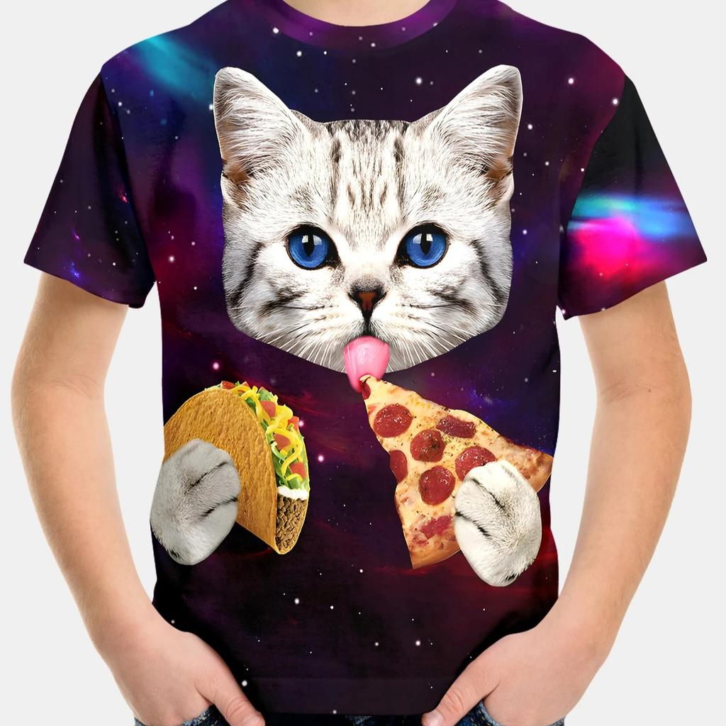 Детская одежда Футболка для девочек и мальчиков с коротким рукавом Детская летняя одежда Футболка с рисунком кота в виде 3D-мультяшной футболки