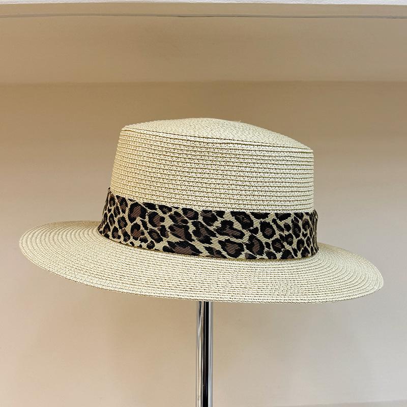 Fashion Summer Leisure Outdoor Shade Breathable Leopard Print Decorative Straw Hat Vacation Travel Elegant Sun Hat