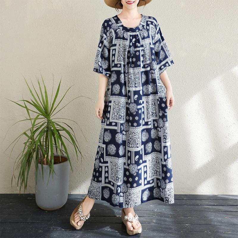 Dimanaf 2025 Новое летнее женское платье больших размеров с винтажным принтом Свободное базовое пляжное повседневное длинное платье