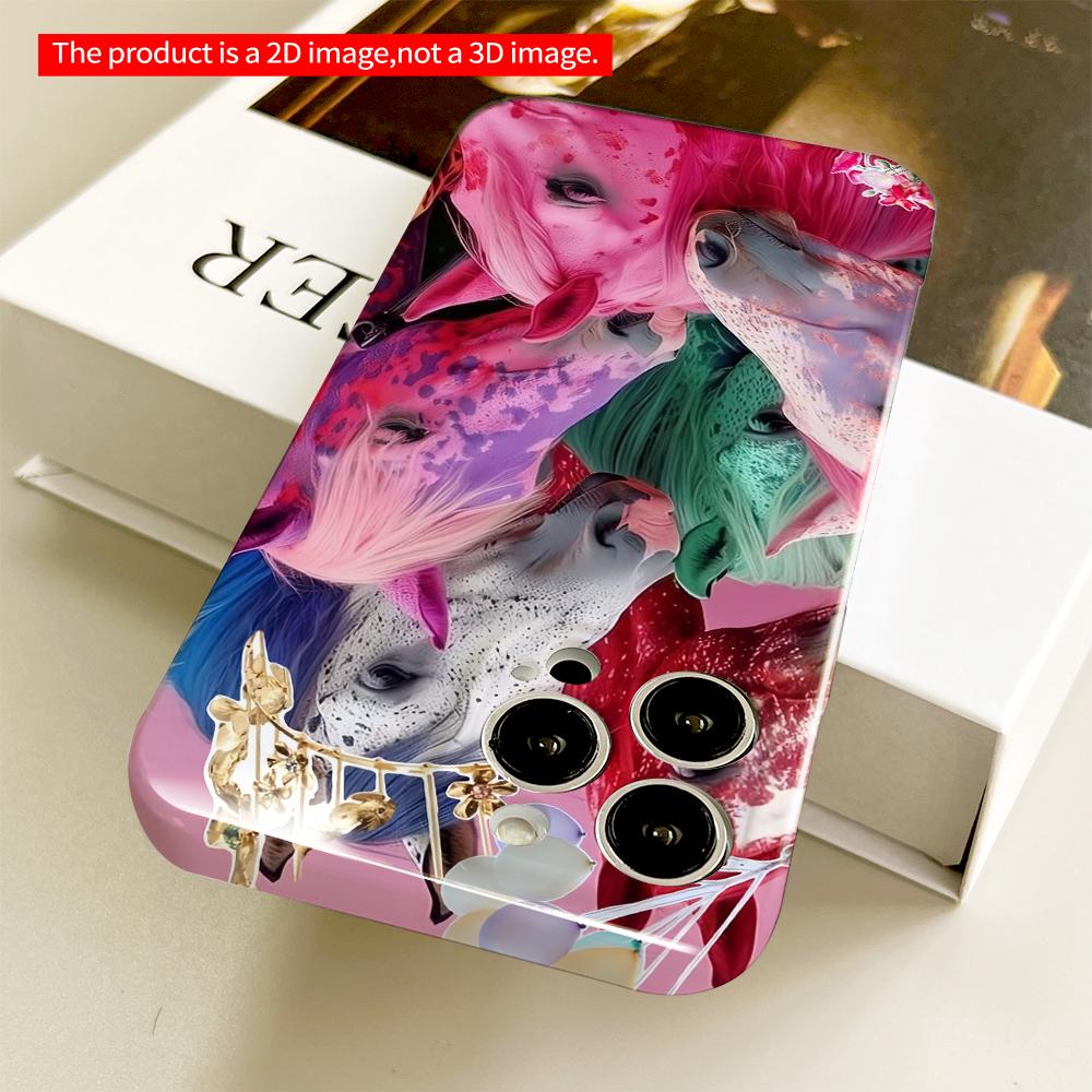 2DFlat Colorful Horse Collage Phone Case All inclusive film hard phone case, compatible with iPhone 18 Pro Max 17 16 15 14 13 12 11