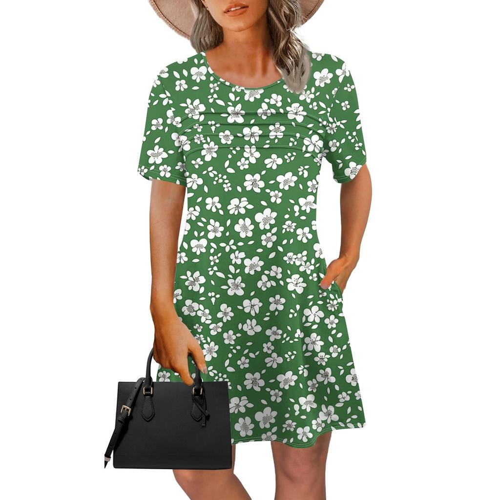 Женское летнее винтажное платье с цветочным принтом, повседневное платье с коротким рукавом и круглым карманом