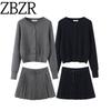Za Autumn New Women Clothes 2025 Western Style Fashion Round Neck Long Sleeve Knit Pleated Mini Skirt Set