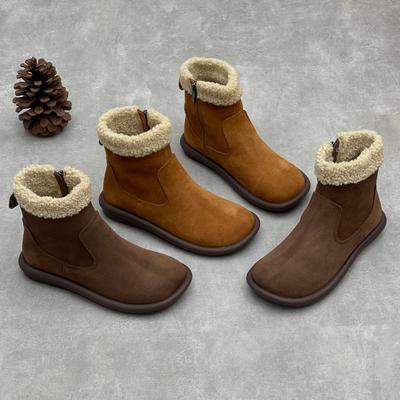 Ботинки женские короткие из натуральной кожи, плюшевые, теплые, хлопковые, повседневные, на толстой подошве, с круглым носком, на плоской подошве