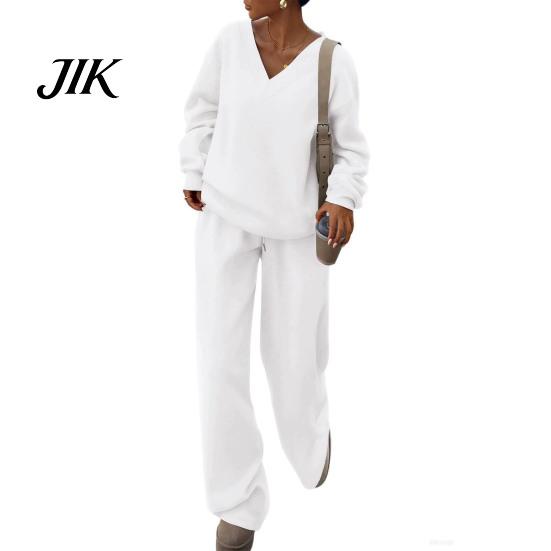 Comfortable Fall Layering Set Two Piece Casual Tracksuit, Women V-Neck Sweatshirt Wide Leg Sport Pants Lounge Wear for Set, Solid Color Loose