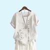 Women Fashion Print Short Sleeve Blouse Summer Casual Round Collar Cotton Linen T-shirt Pullover Loose Top