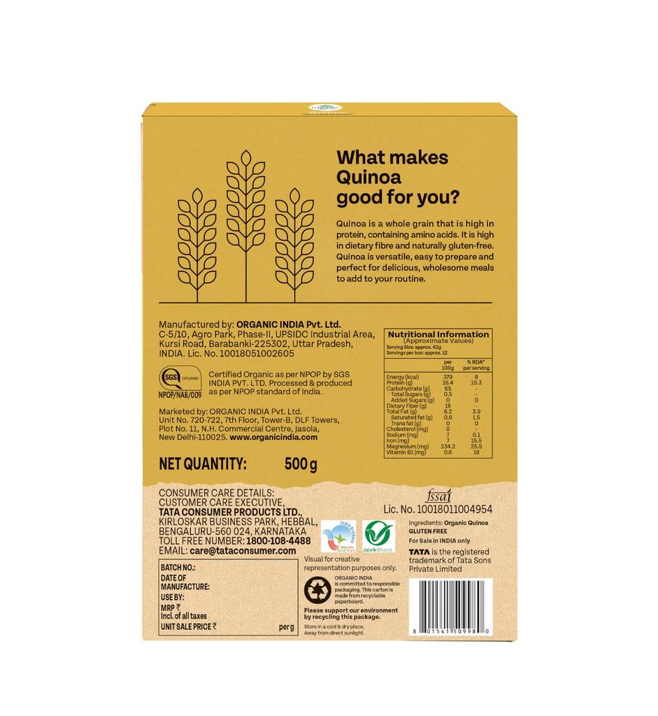 ORGANIC INDIA Киноа 500 г Богатая питательными веществами Цельнозерновая Безглютеновая Богатый белком Источник железа магния