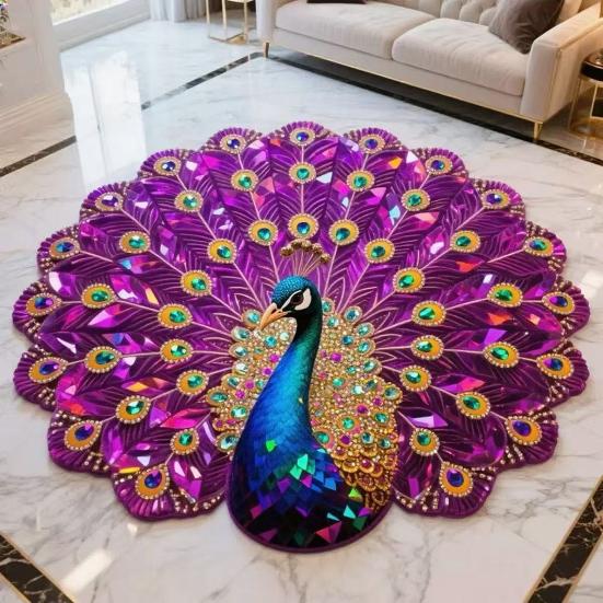 3D Peacock Pattern Plush Rug Non-Slip Backing Easy To Clean Various