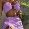 Women's Sexy Bikini Set 3 Pieces Solid Swimwear Set Padded Halter Backless Top Triangle Brief Drawstring Cover Swimsuit Slim Fit Bathing Suit