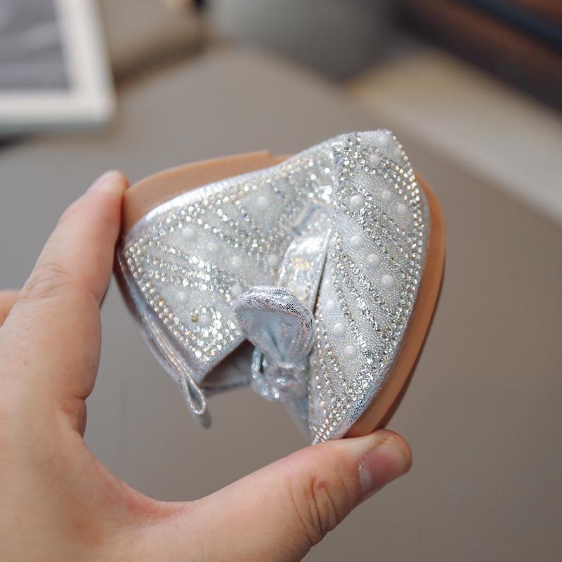 Children Princess Shoes Lovely Solid Color Bow 2024 All-season Versatile Flat Bottom Shiny Pearl Rhinestone Girls Mary Jane New