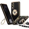 Case for Samsung Galaxy S25 Edge, Soft Silicone with Lanyard and Shiny Rotating Ring Heart Pattern - Black