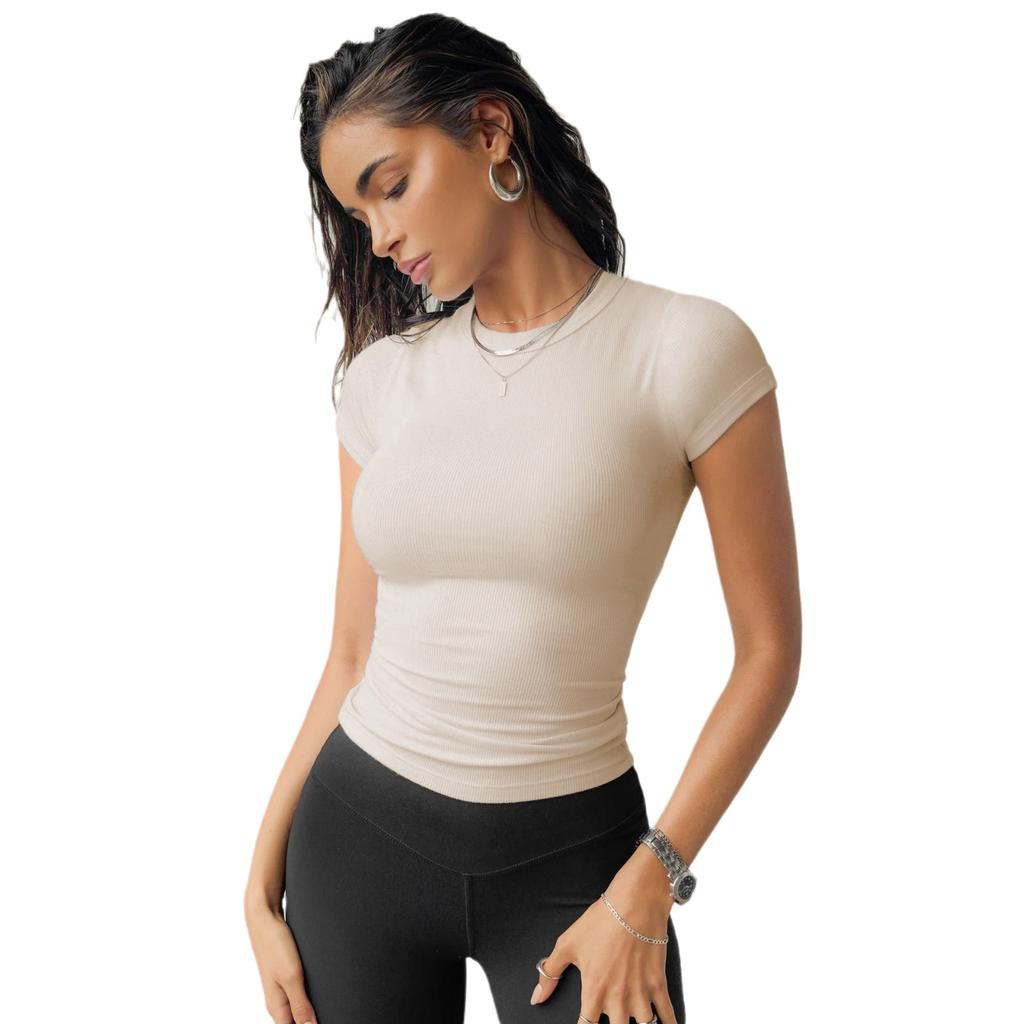 Одежда весенне-осенняя женская европейская и американская нить, облегающий топ для малышек, однотонная спортивная футболка с короткими рукавами